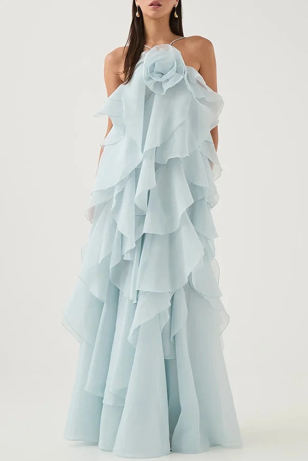 Free - Flowing Rose Detail Tiered Ruffles Halter A-line Maxi Dress Blue