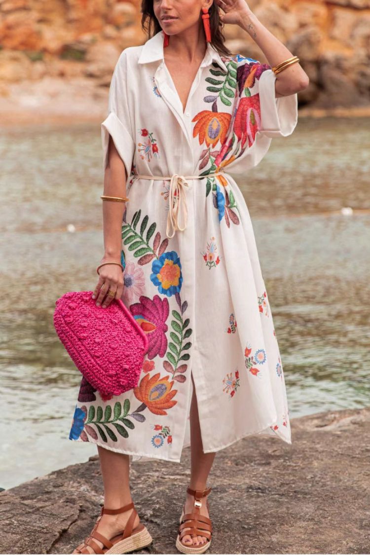 Plant Print Lapel Short Sleeve Waist Tie Loose Vacation Midi Dress White