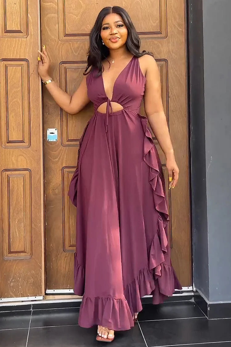 DEEP V NECK CAMI ASYMMETRIC RUFFLED A-LINE VACATION MAXI DRESS