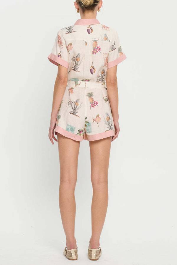 Tropical Print Linen Shirt-Style Romper