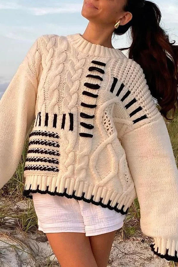 Nioa Cheerful Contrast Patchwork Knitted Pullover Sweater White