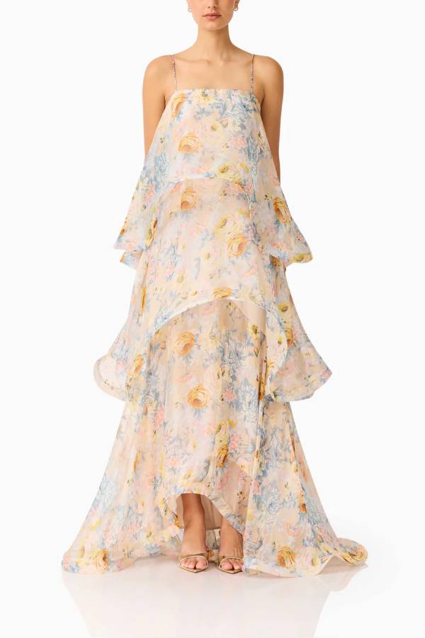 Floral Print Tiered Ruffle Maxi Slip Dress