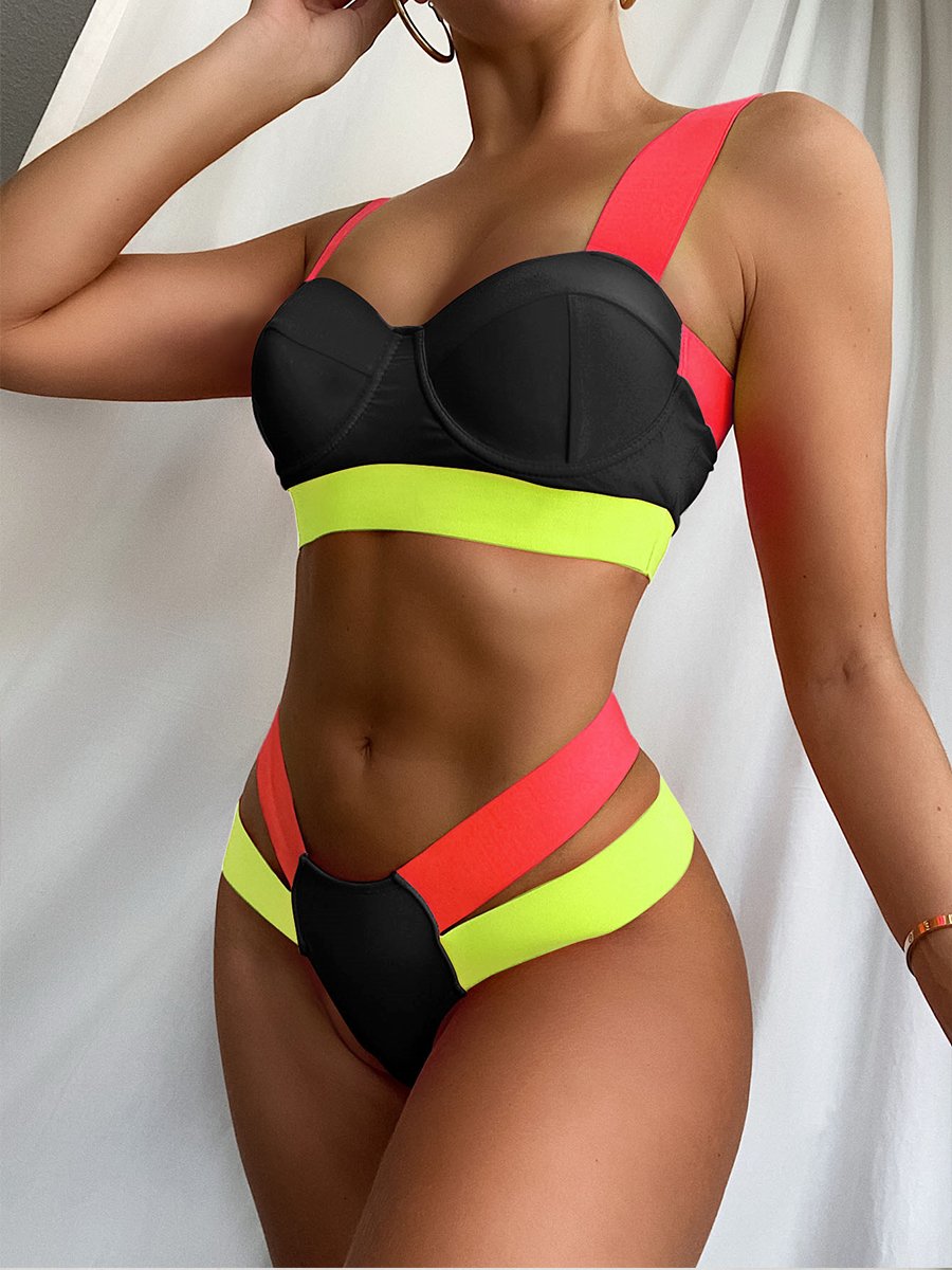 On-Trendy Color Block High Waist Bikini Set Black