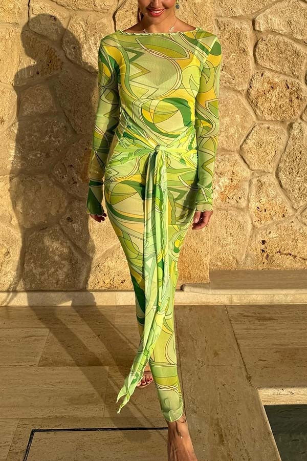 Nessie Mesh Unique Print Tie-up Waist Long Sleeve Stretch See-Through Maxi Dress