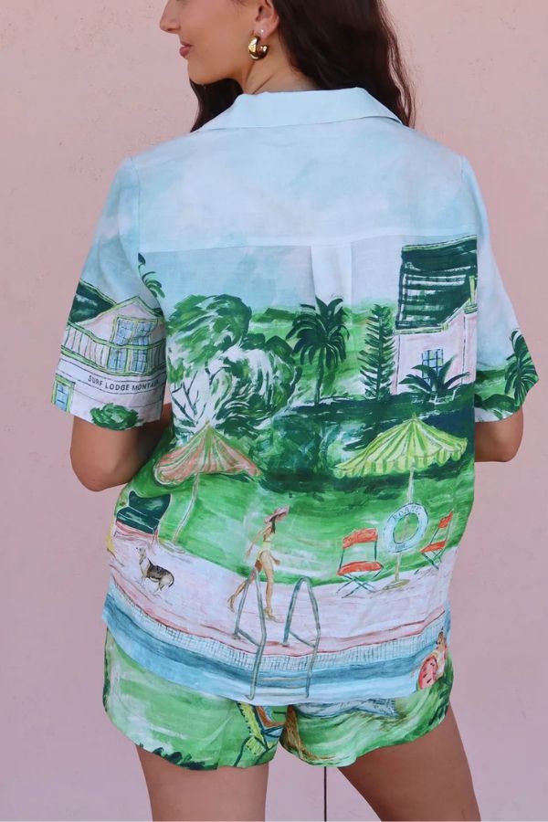 Pool Parties Linen Blend Unique Print Short Sleeve Shirt and Elastic Waist Pocket Shorts Set