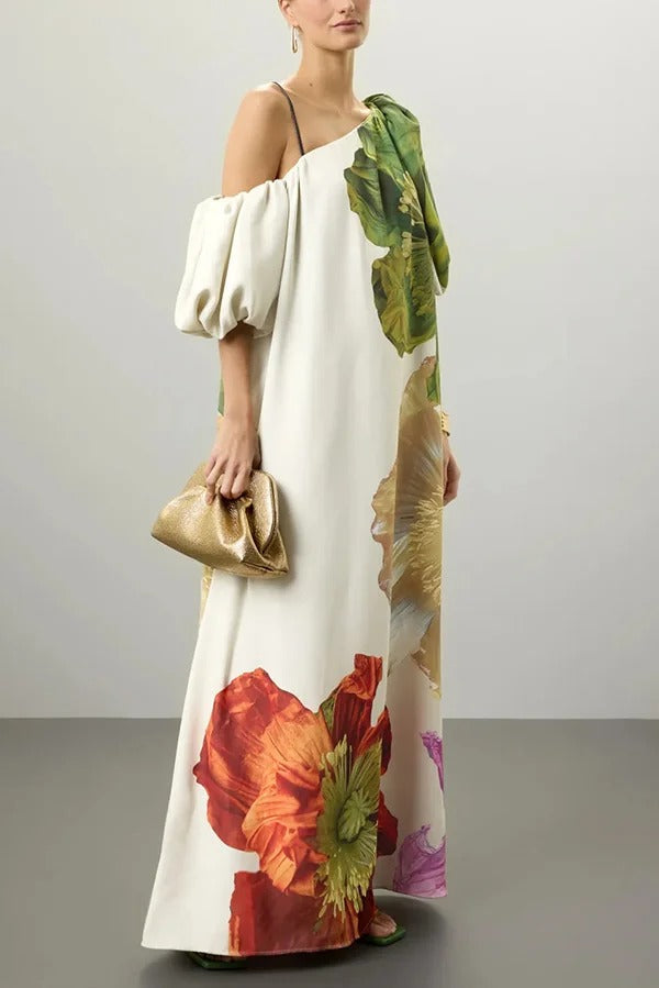 Floral Print Slant Collar Puff Sleeves Loose Holiday Maxi Dress