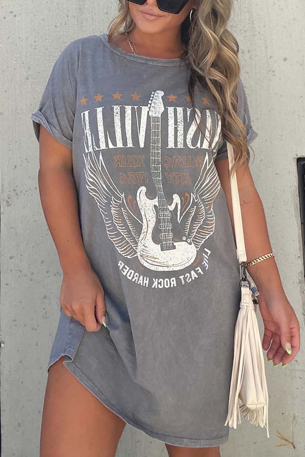 Nashville Mineral Washed Graphic Tee Dress Grey