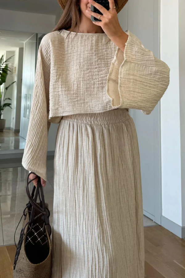 Casual Holiday Trumpet Sleeve Top & Split Skirt Two-Piece Set