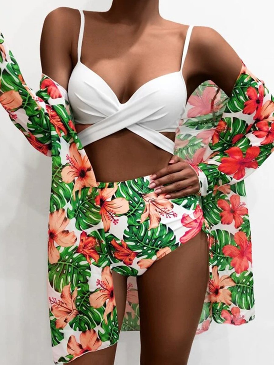 European And American Floral Bikini Three Piece Set Pink