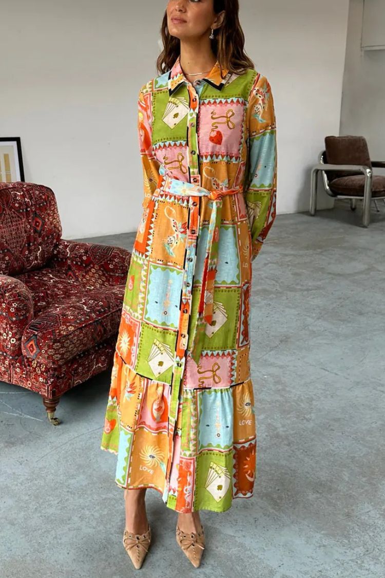 Linen Blend Unique Printed Long Sleeve Lapel Tie-waist Midi Dress