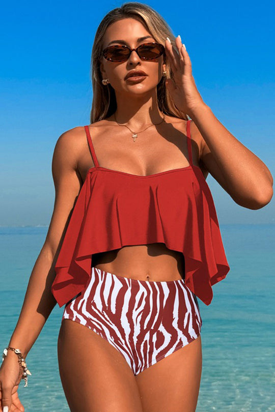 Two-piece swimsuit with large ruffled sleeves and floral shorts Brownish red