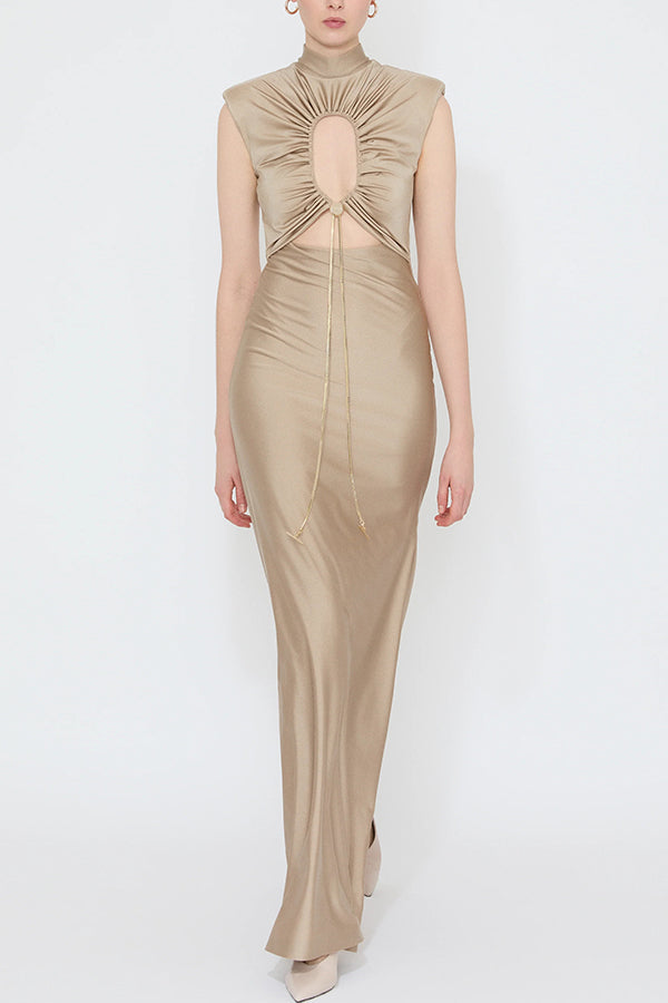 Genis Hollow Elastic Bust High Neck Sleeveless Gathered Maxi Dress Sand
