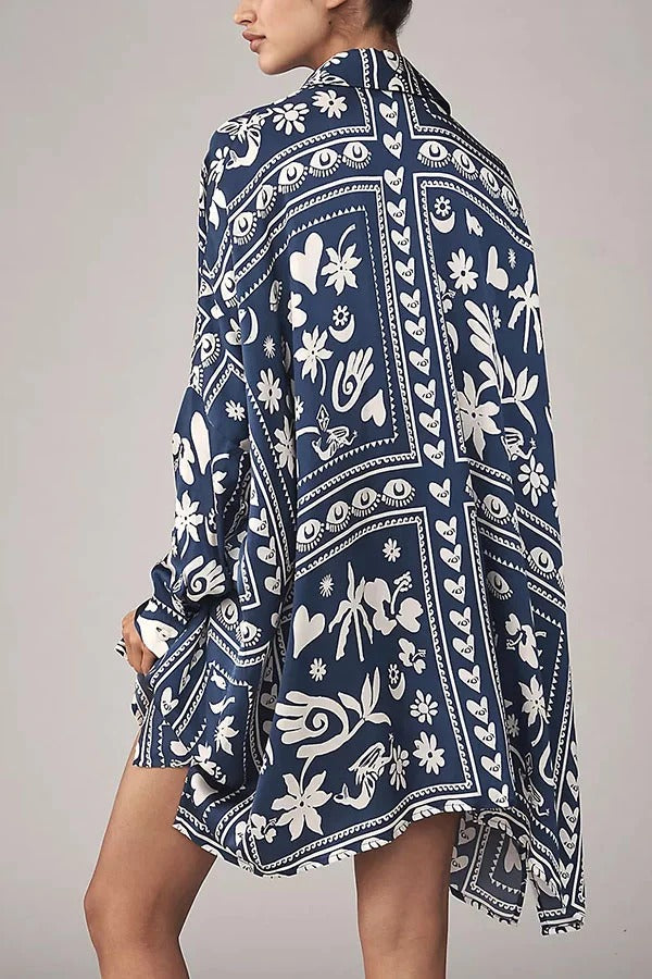 Zenya Satin Unique Print Button Up Long Sleeve Pocket Loose Mini Shirt Dress