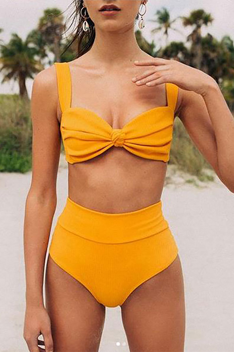 Twisted Ruched Crop Cami High Waist Bikini Briefs Bikini Set Yellow