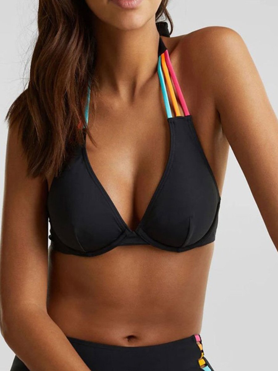 Colorful Strappy Halter Triangle Two pieces Swimsuit Black