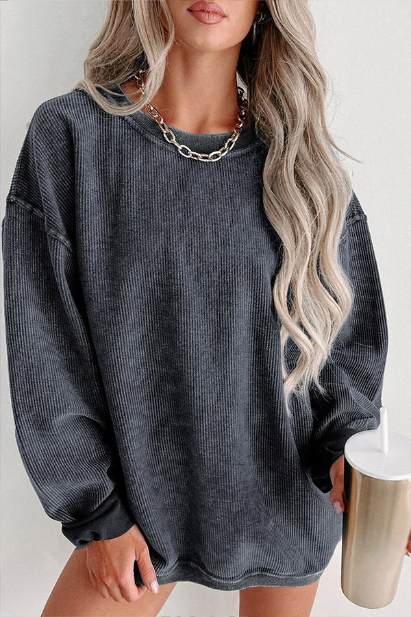 Solid Ribbed Round Neck Pullover Sweatshirt Grey