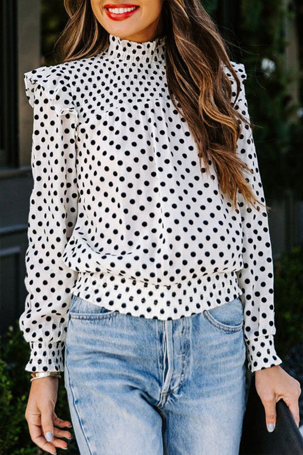 SWEET SPOT DOTTED UP PLEATED LONG SLEEVE TOP