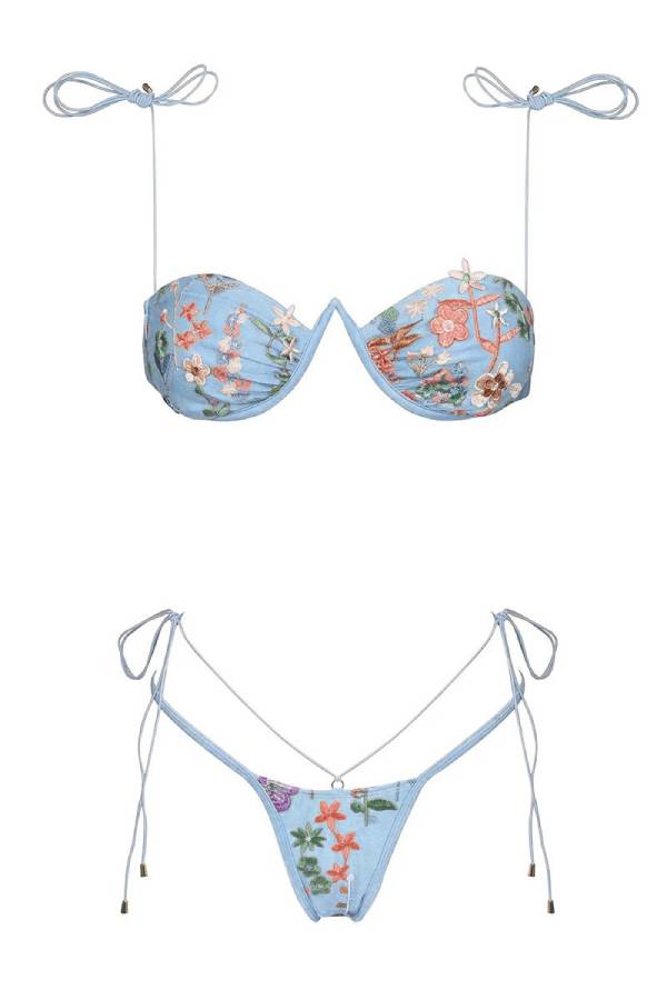 Embroidered Floral Thin Strap Tie Bikini Set