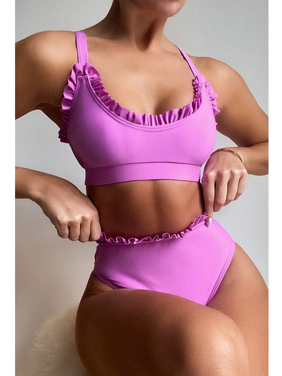 High-waisted Fold Design Purple Bikini Set(2 Colors) Purple