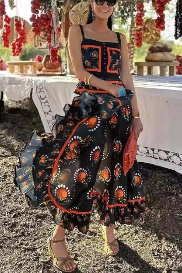 Elegant Printed Square Neck High Waisted Pleated Midi Dress