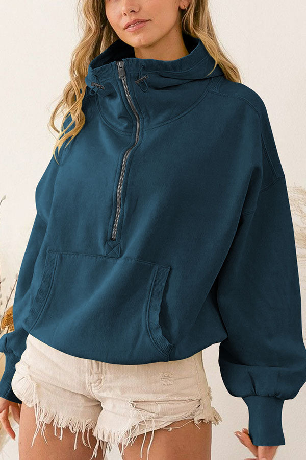 Zip Drawstring Long Sleeve Hoodie Blue