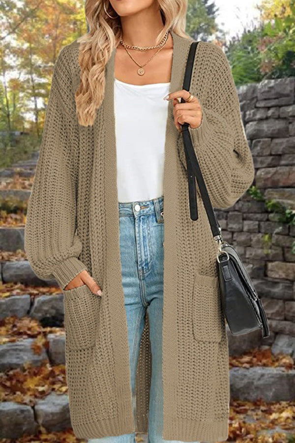 Mid-Length Loose Oversized Double Pocket Cardigan Sweater Jacket Khaki