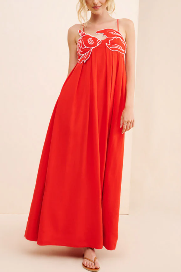Fish Top Linen Blend Maxi Dress Red