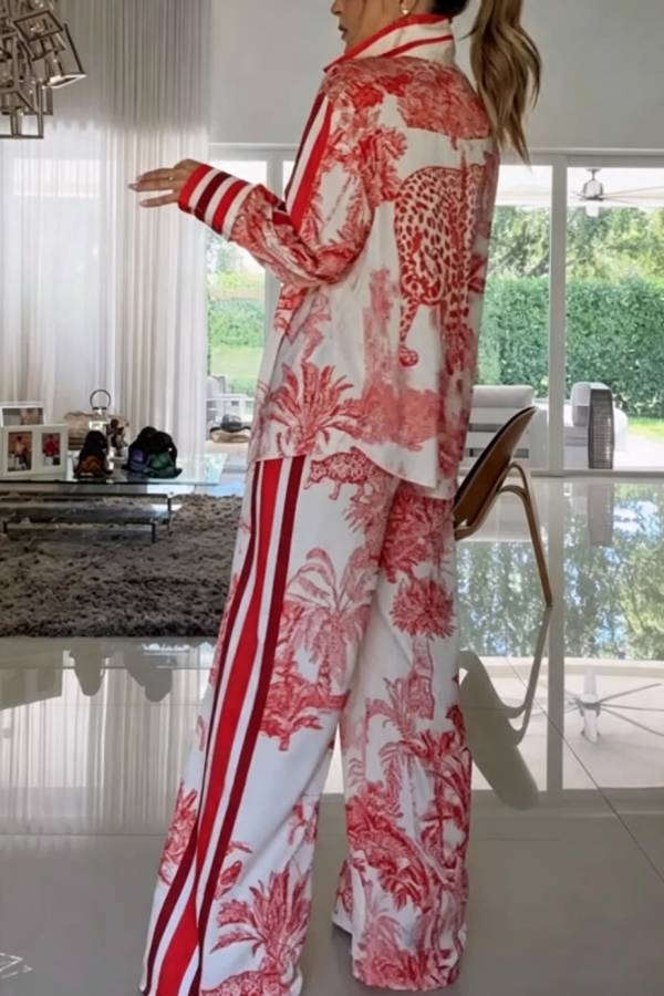 Esella Satin Jungle Print Long Sleeve Shirt and Elastic Waist Pocket Wide Leg Pants Set