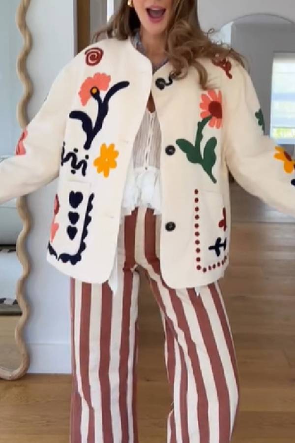 Vintage Floral Graffiti Embroidered Round‑Neck Jacket