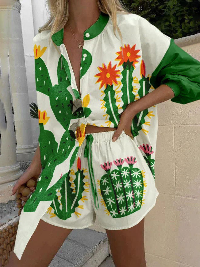 Einzigartiges, zweiteiliges Shorts-Set mit tropischem Kaktus-Print
