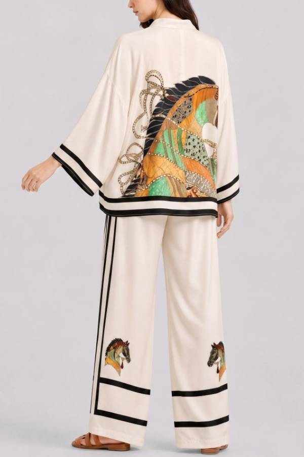 V-Neck Horse Pattern Satin Suit Pants Two-Piece Set