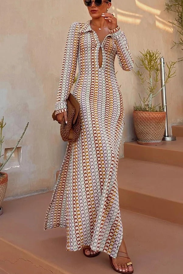 Bondi Beach Knit Colorful Wave Print Long Sleeve Vacation Maxi Dress Brown