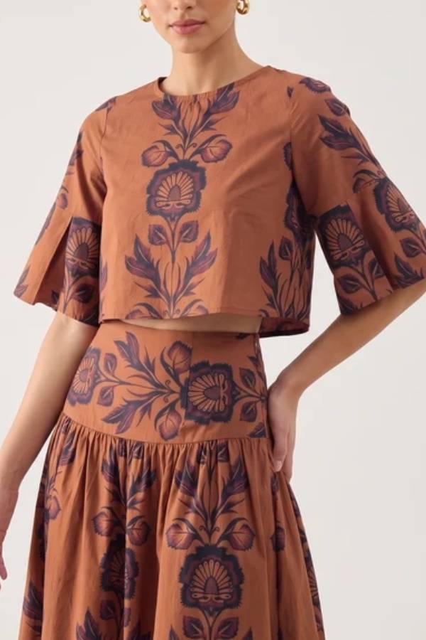 Folk Floral Print Fit-and-Flare Midi Dress