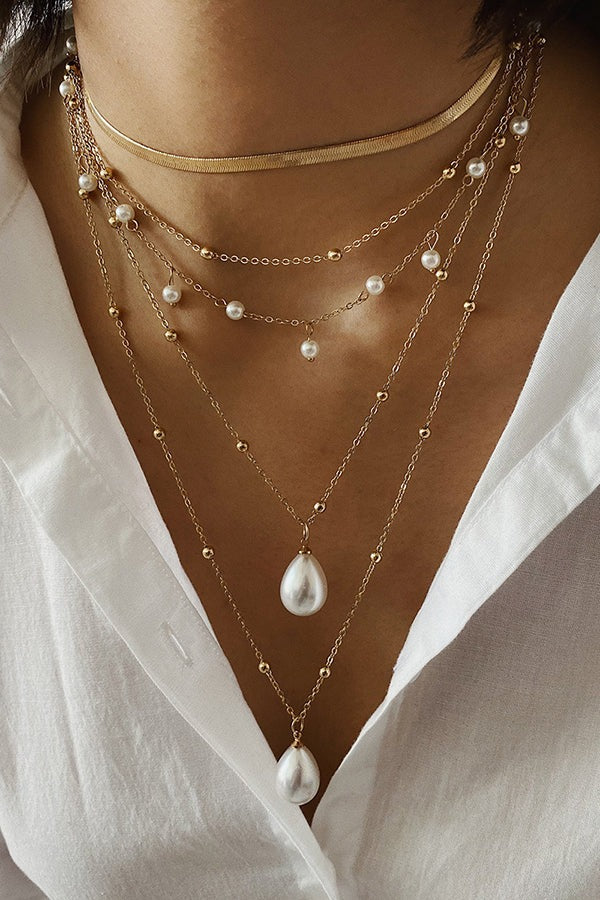 Vintage Chain Imitation Pearl Necklace Gold one size