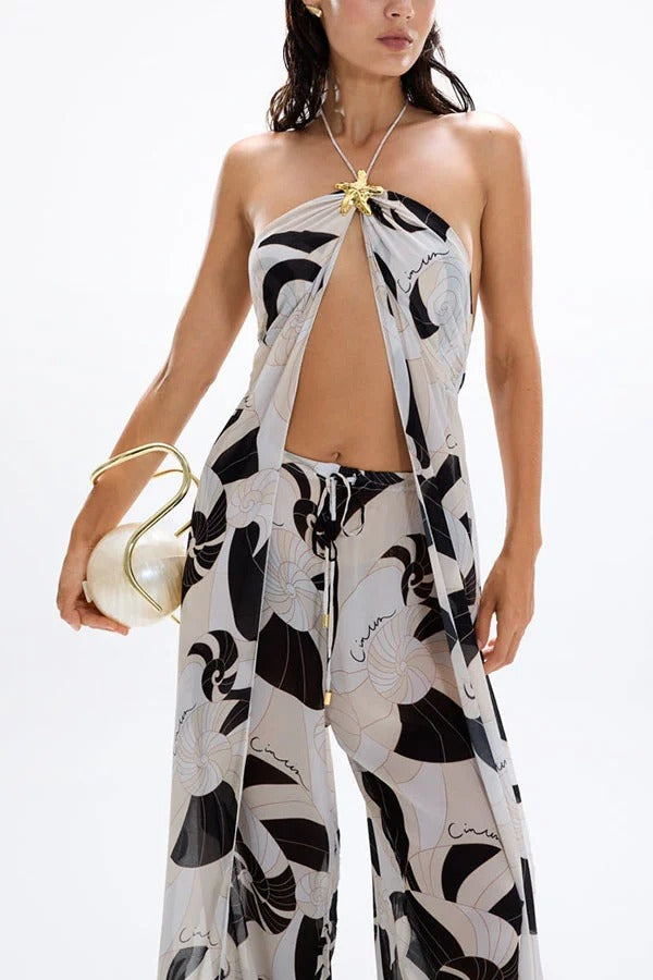 Adrenia Unique Print Metal Starfish Front Slit Halter Tank and Elastic Waist Loose Pants Set