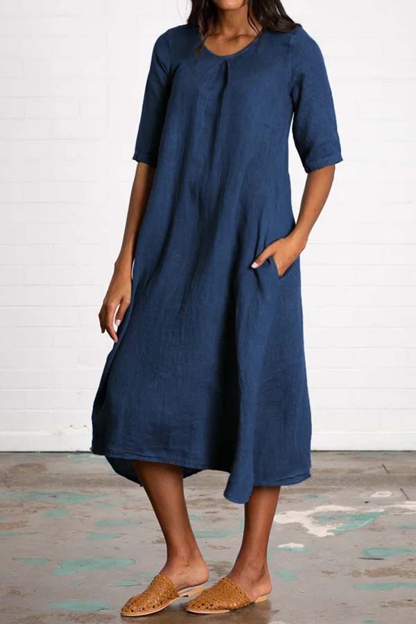 Round Neck Half Sleeve Long Solid Color Casual Cotton Linen Dress Blue
