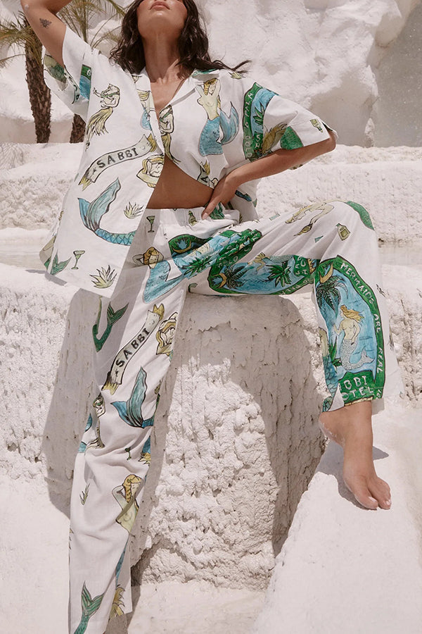 Linen-blend Mermaid-print Shirt Top and Elastic-waisted Loose Pants Set White