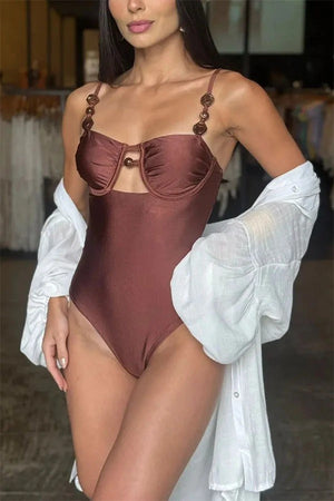 Salima Beaded Strap Cutout Detail SweetHeart Neck Stretch One-Piece Swimsuit
