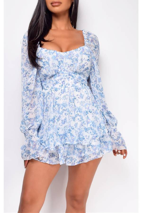 Square Neck Floral Long Sleeve Ruffle Romper