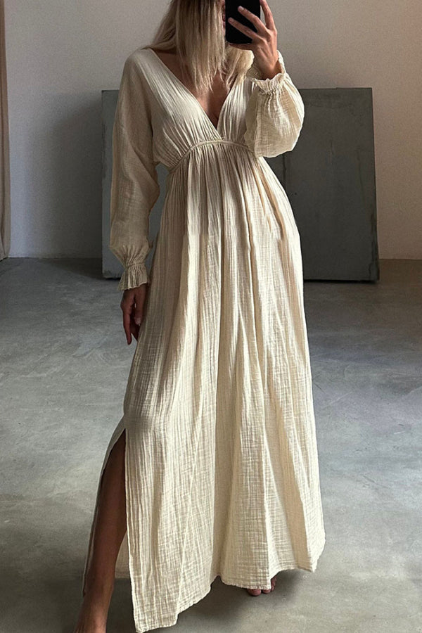 Casual V-neck Slit Cotton and Linen Dress Beige