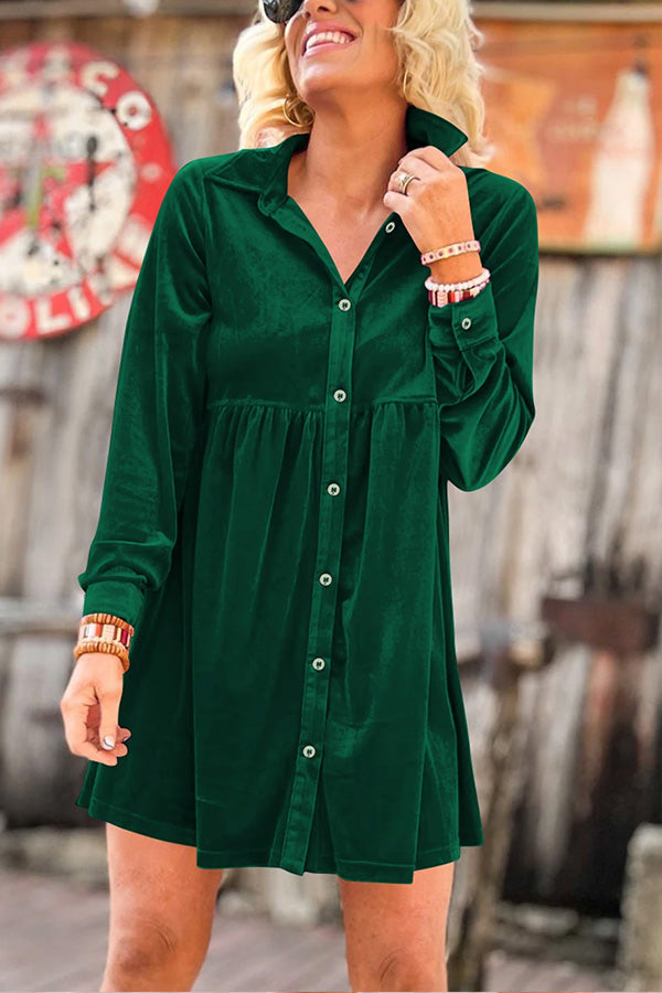 Long Sleeve Ruffle Velvet Button Up Shirt Dress Green