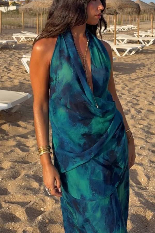 Halter Cowl Neck Tie Dye Maxi Dress