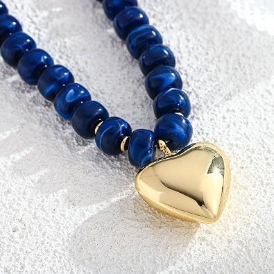 Vintage Blue Marbled Bead Heart Pendant Choker Necklace Boho Contrast Color Collar