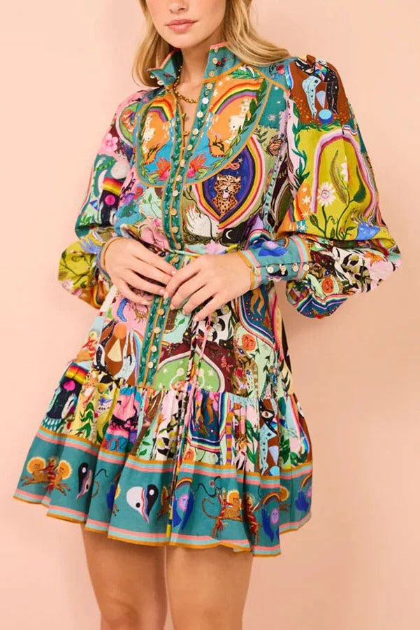 Robe courte boutonnée à manches ballon et imprimé unique Touch of Luxury