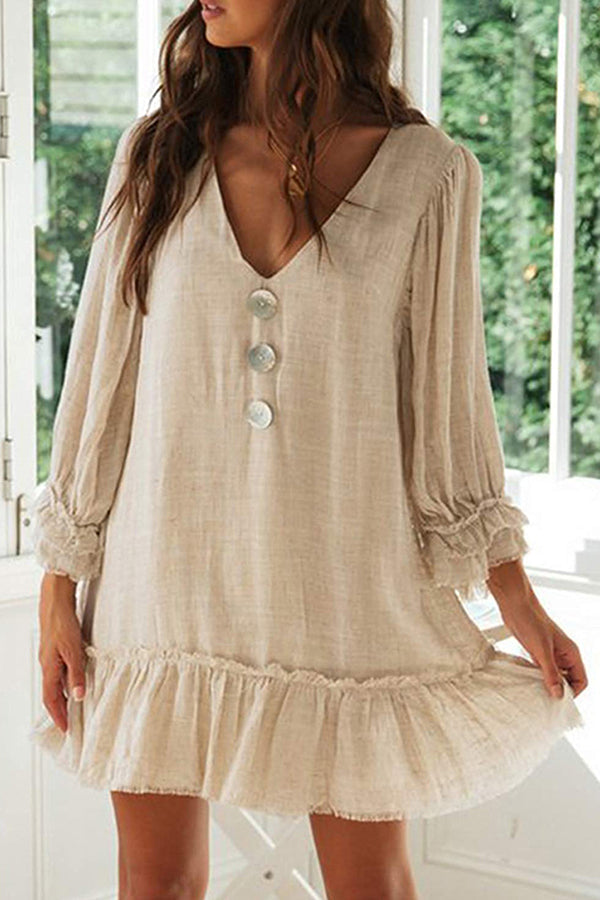 Loose Long Sleeve Ruffle Hem Cotton Linen Dress Beige