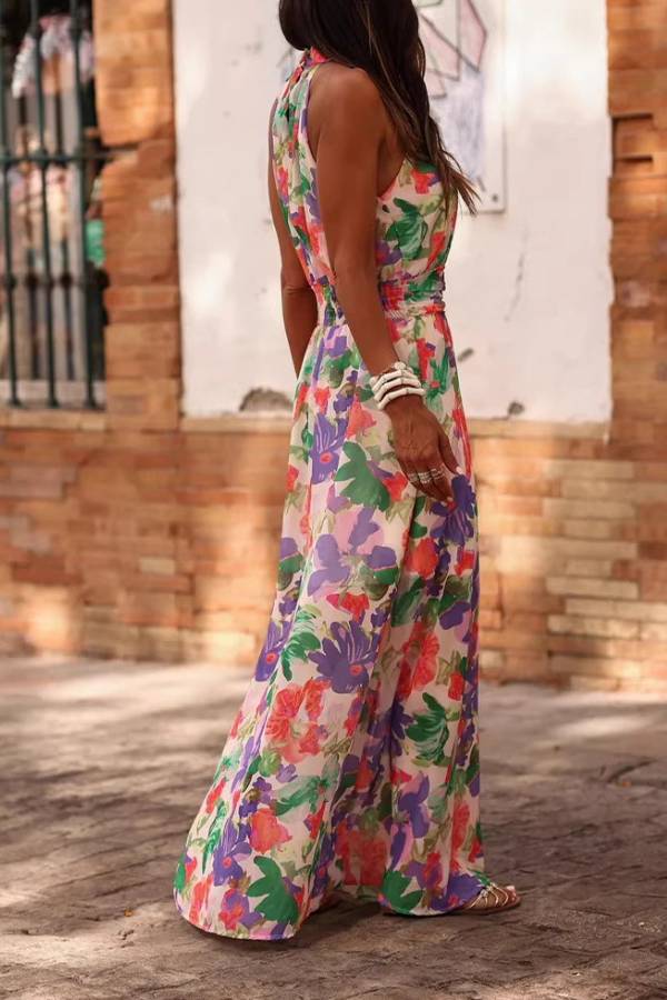 Halter Waist‑Tie Floral Print Maxi Dress