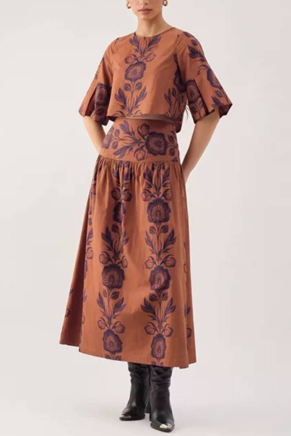 Folk Floral Print Fit-and-Flare Midi Dress