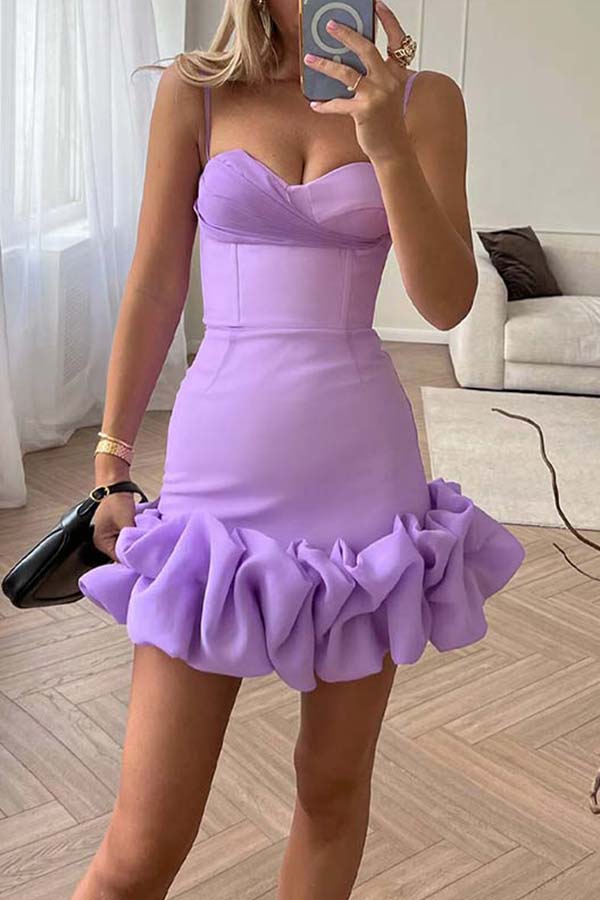 V NECK CAMI RUFFLE HEM MINI DRESS Purple