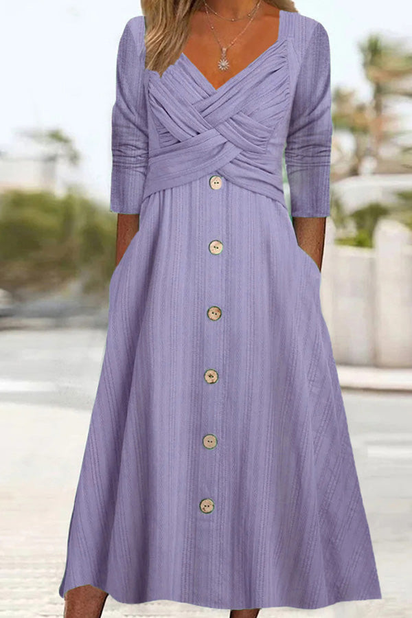 Solid Color Long Sleeve V Neck Cross Button Casual Dress Purple