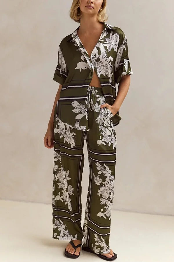 Fashionable Plant Print Loose Lapel Short Sleeve Shirt and Casual Elastic Waist Pocket Pants Set